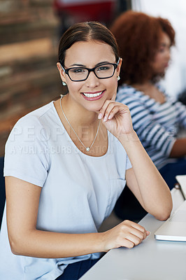 Buy stock photo Woman, portrait and smile in office for accounting, job and career in finance. Female person, accountant or auditor and confident at table for financial agency, employment or business meeting