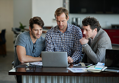 Buy stock photo Man, team and laptop or office desk, meeting and collaboration for teamwork and thinking for online project. Employee, together and research on tech for info, coworking and reading company review