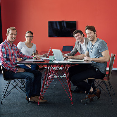 Buy stock photo Portrait of a group of colleagues having a meeting in a boardroom