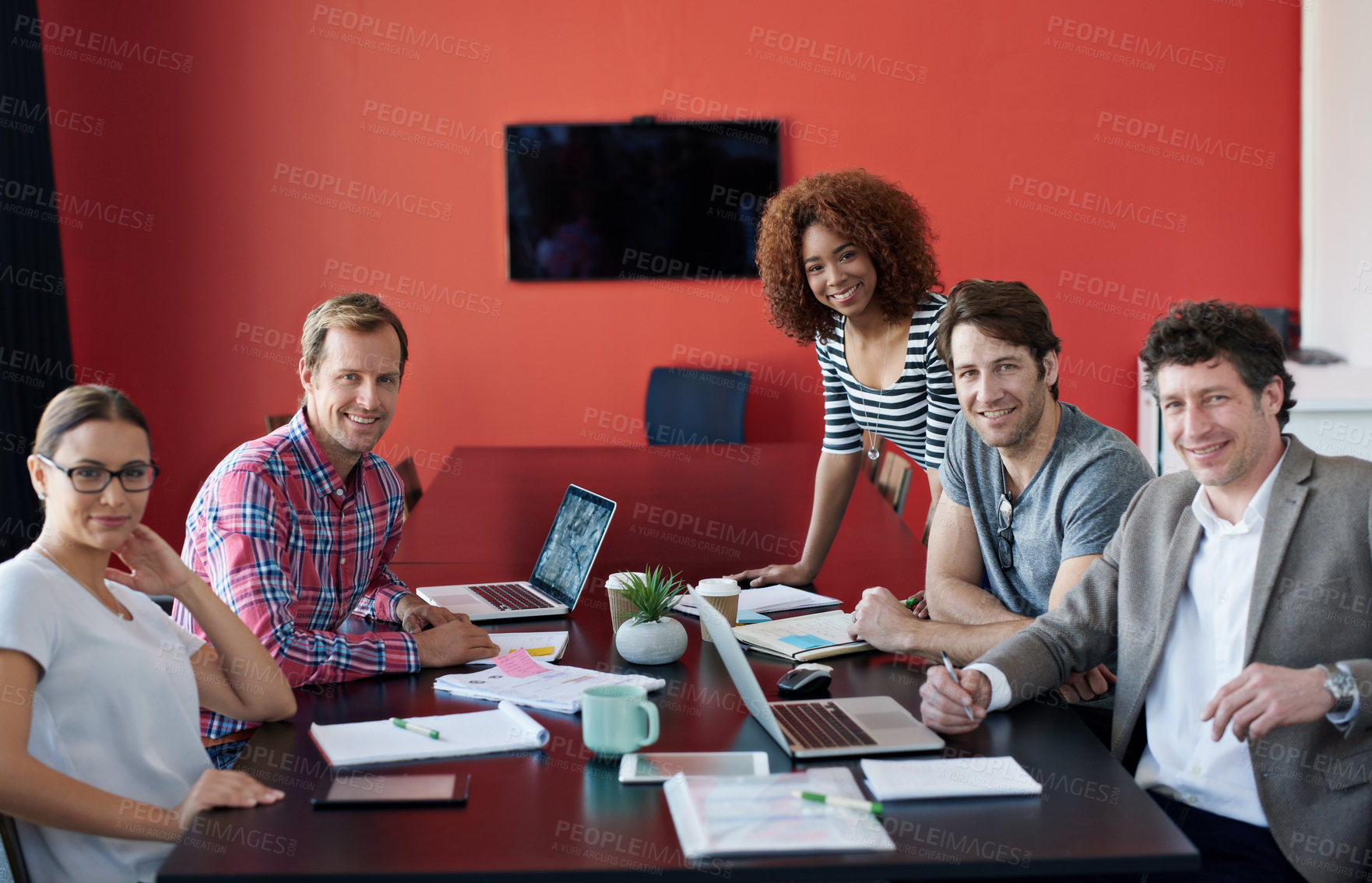 Buy stock photo Business, woman and staff with laptop in meeting for portrait, conference and teamwork with support of planning project. Smile, people and discussion, document and ideas for research as developer