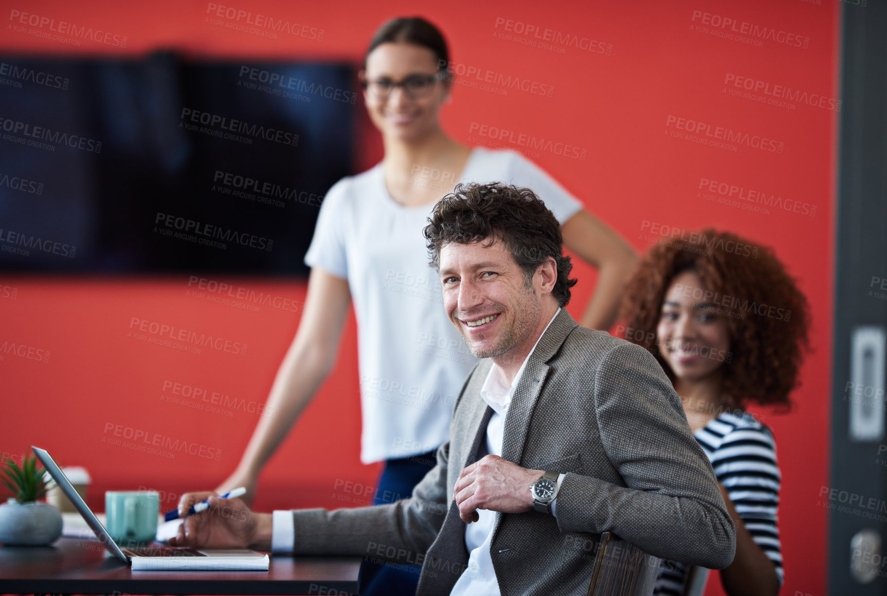 Buy stock photo Businessman, meeting and office in portrait and working as web designer, laptop for website development. Male person, coworking and boardroom with computer for creative job, collaboration on pitch