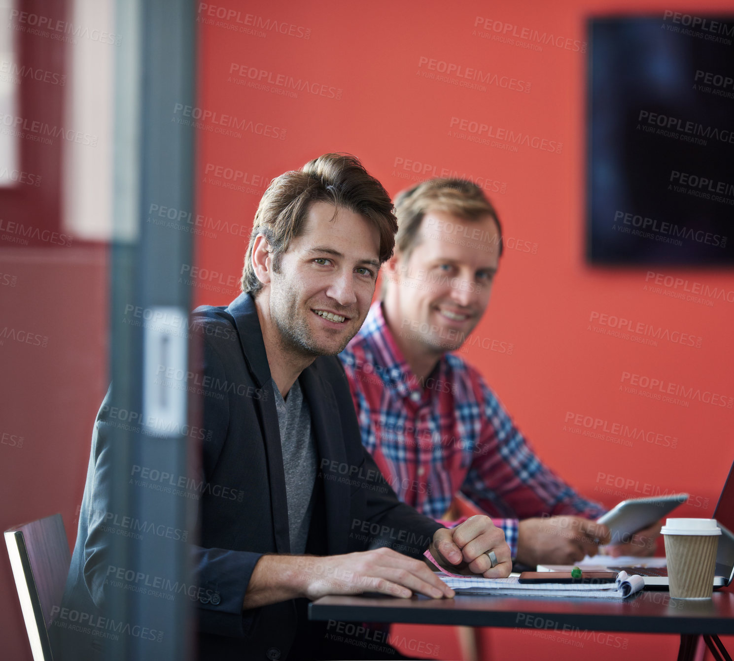 Buy stock photo Portrait, man and boardroom for meeting with colleagues, office and corporate for planning. Professional, coworkers and conference for financial advisor, team and technology for  strategy and project