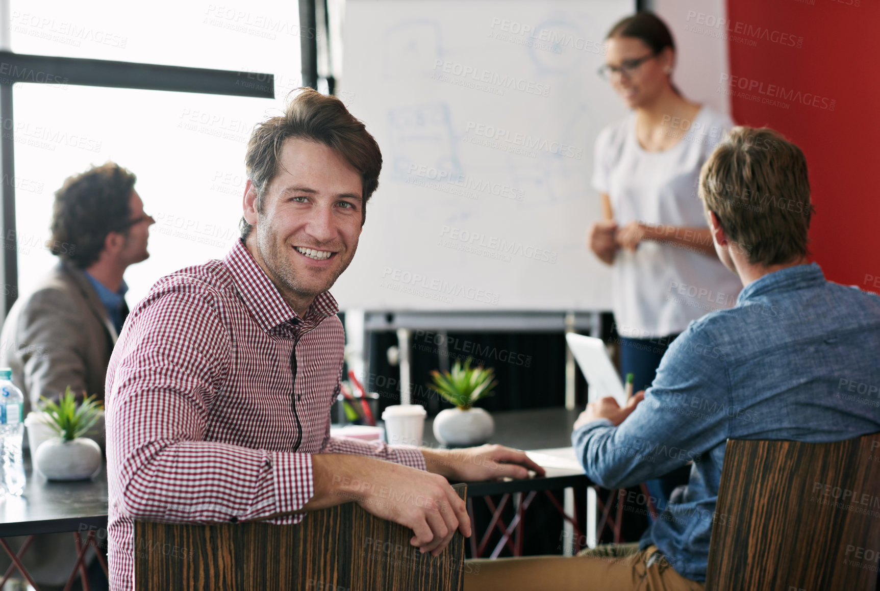 Buy stock photo Portrait, man and boardroom for meeting with colleagues, office and corporate for planning. Professional, coworkers and conference for financial advisor, team and technology for  strategy and project