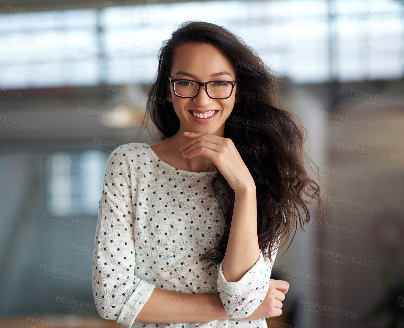 Buy stock photo Creative, design and portrait of woman in glasses at office for small business or startup company. Face, happy and smile with confident designer person in workplace for inspiration or opportunity