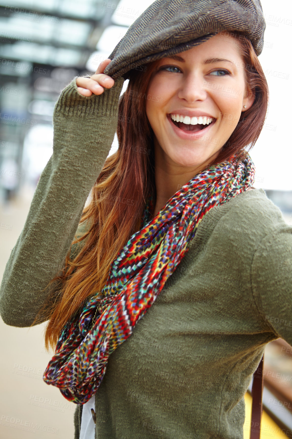 Buy stock photo Woman, smile and railway for travel at train station with tourism, subway and transport of morning journey. Happy, girl and relax on platform for waiting, commute and metro delay with departure trip