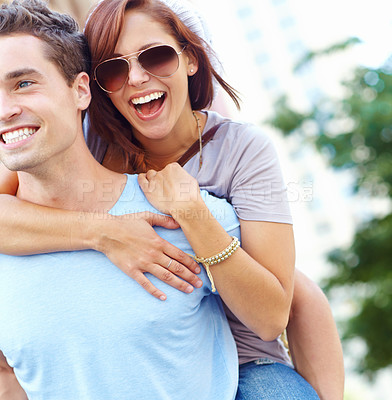 Buy stock photo Travel, excited couple and piggyback outdoor for connection, love and summer romance. Hug, man and carrying woman at city park for relationship, support and laugh with happy partner on date together