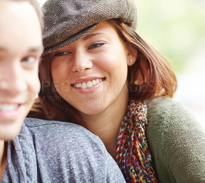 Buy stock photo Care, happy and love with couple in outdoor for holiday, explore and journey together. Bonding, happiness and calm with man and woman relax in nature for support, adventure and vacation date