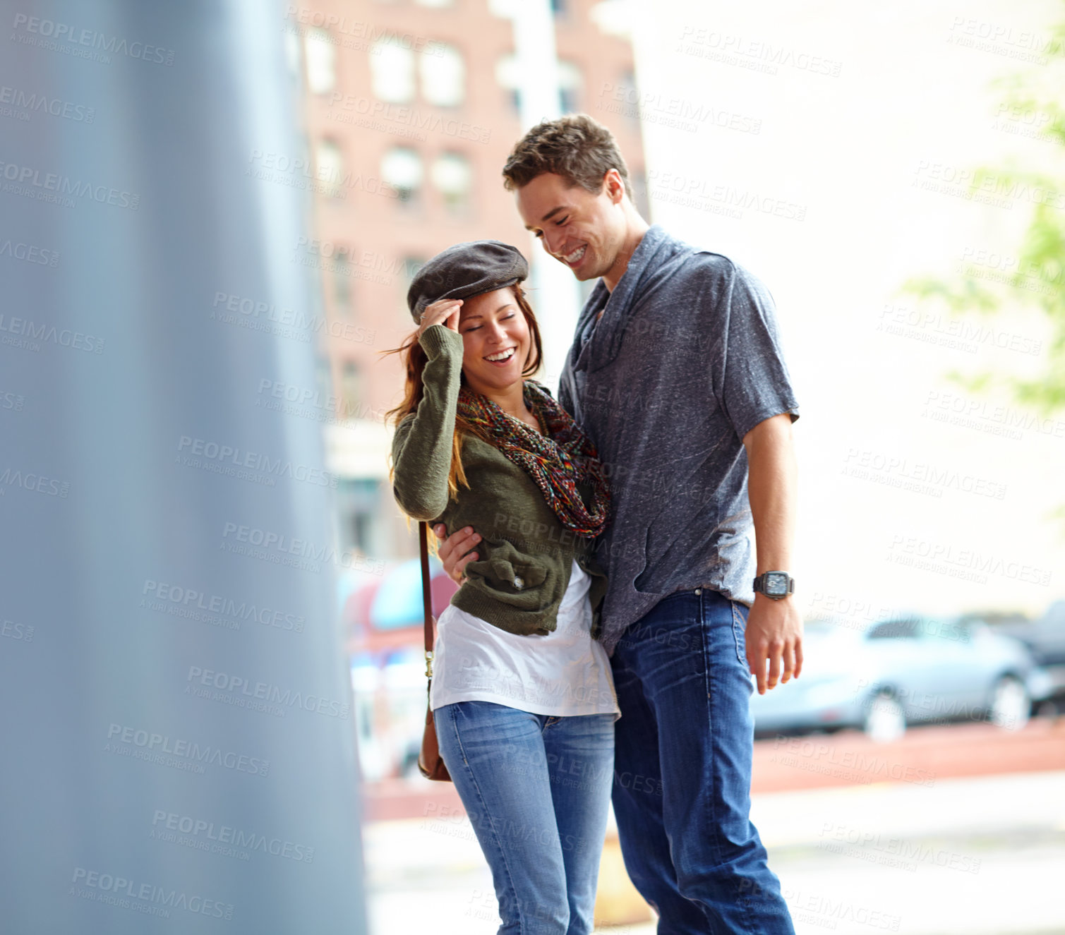 Buy stock photo Travel, hug and love with couple at bus station. for holiday, explore and journey together. Metro, public transportation and transit with man and woman at subway for support, adventure and date