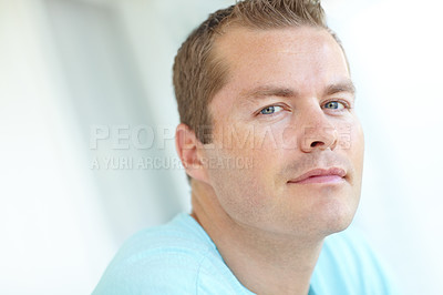 Buy stock photo Happy, rest and portrait of man in home with positive attitude, chilling or relaxing in living room. Smile, calm and face of male person from Germany with confidence and pride in lounge at apartment.