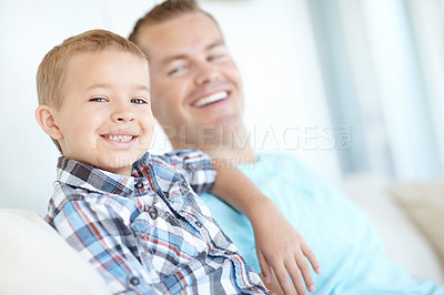 Buy stock photo Thinking, father and child relaxing at house for safety, bonding together and love of relationship care. Happy, man and son for calm morning, weekend break and family support of embrace at apartment