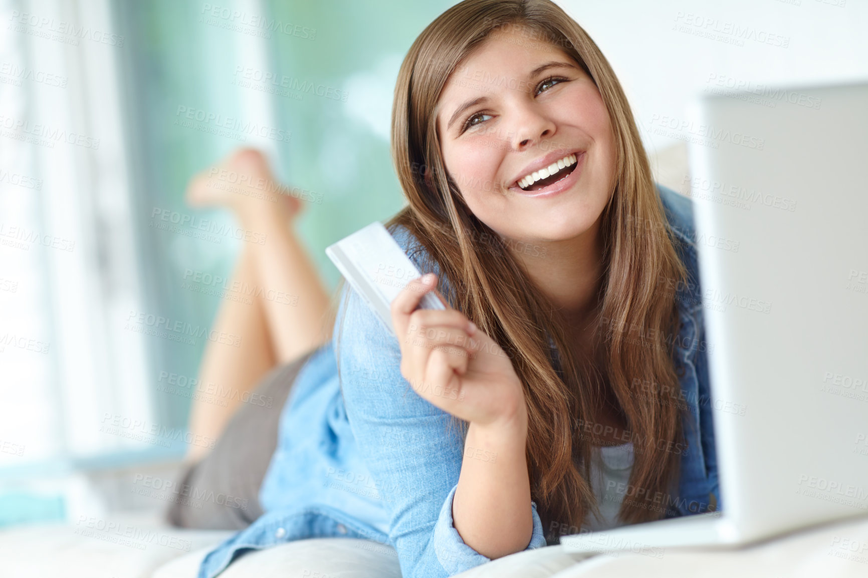 Buy stock photo Woman, thinking and laptop with credit card on sofa for online banking, platform and digital payment. Home, fintech and happy person with idea for ecommerce, purchase and verification of transaction