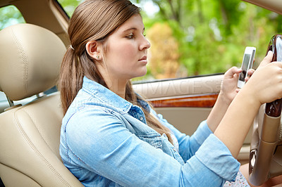 Buy stock photo Woman, car or driver with phone for navigation, destination or commute in neighborhood. Young, female person or traveler with mobile smartphone for location, app or traffic violation in motor vehicle