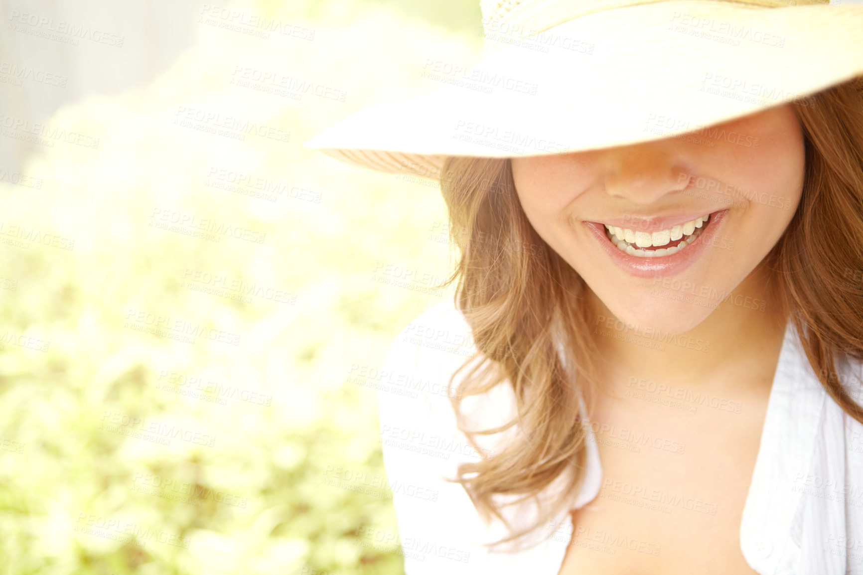 Buy stock photo Girl, hat and outdoor smile on vacation, countryside freedom and relax in garden for peace on trip. Female person, tourist and happy with travel in Florence, holiday and adventure in nature for fun