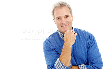 Buy stock photo Head and shoulders shot of an attractive man in his 40's standing on an isolated background
