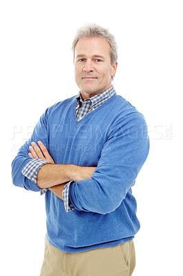 Buy stock photo Cropped shot of mature, attractive male standing with his arms folded isolated on white