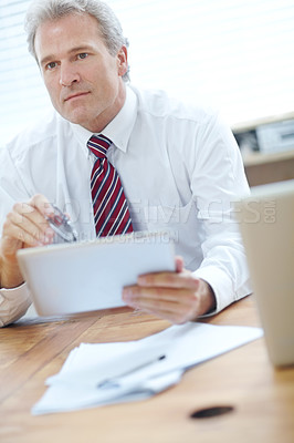 Buy stock photo Mature businessman, tablet or planning for company financial, future or thinking of investment growth. Office finance manager, technology or software app for corporate portfolio, revenue and ideas