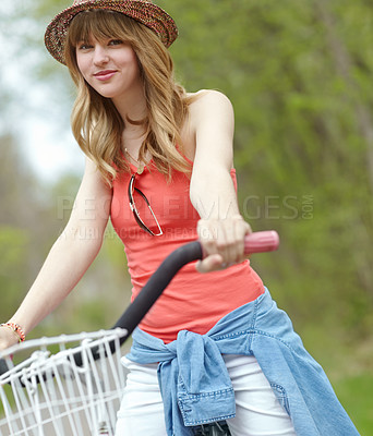 Buy stock photo Outdoor, portrait and woman with bicycle, travel and eco friendly with reduced emissions or weekend. Commuting, happy and person with transport, ride and cycling in morning, smile or active with bike