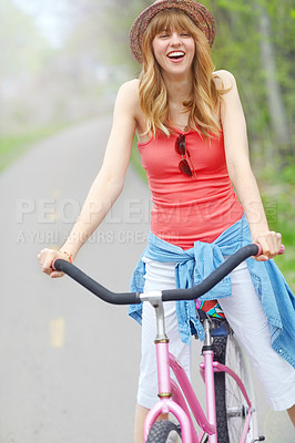 Buy stock photo Outdoor, laughing and woman with bicycle, travel and eco friendly with reduced emissions or weekend. Commuting, happy and person with transport, ride and cycling in morning, smile or active with bike