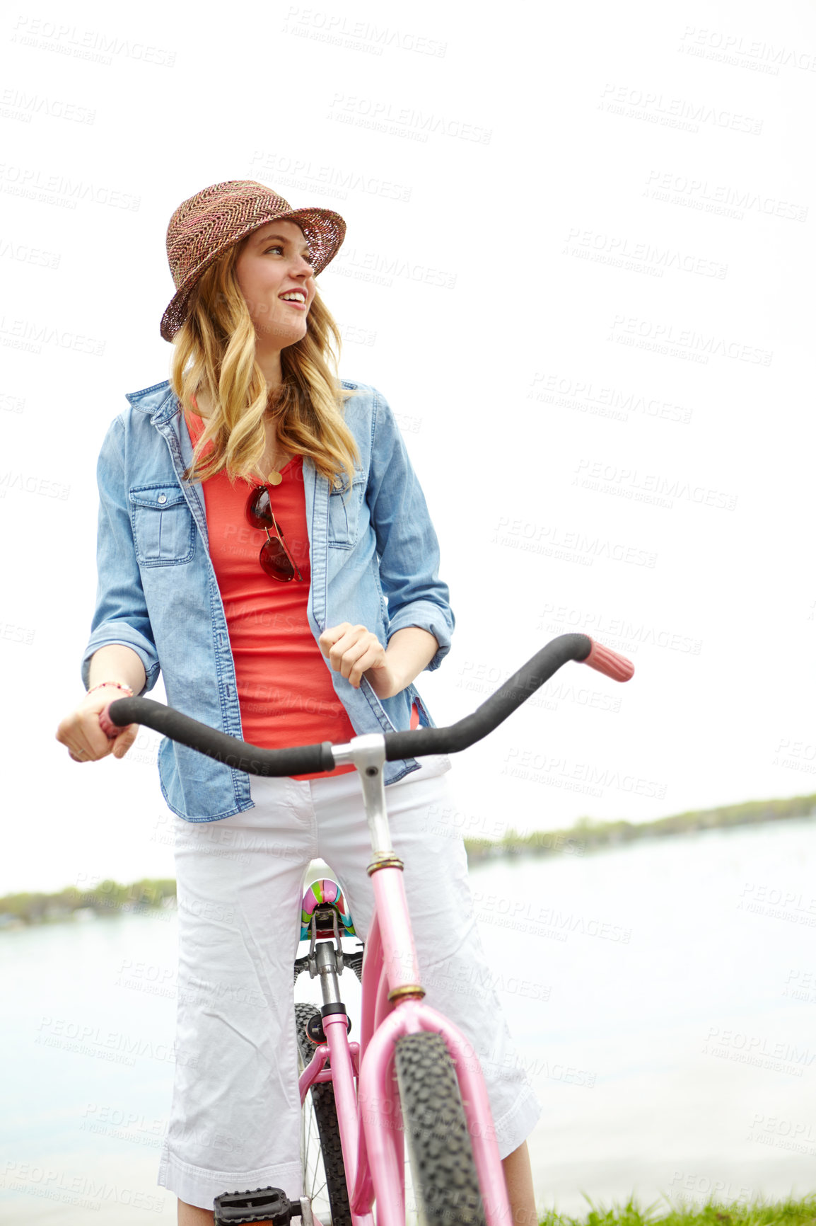 Buy stock photo Outdoor, happy and woman with bicycle, travel and eco friendly with reduced emissions and weekend. Commuting, smile and person with transport, ride and cycling in morning, energy and active with bike