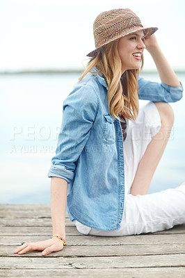 Buy stock photo Woman, lake and smile with vacation, thinking and relax for adventure, holiday or happy on travel journey. Girl, tourist and dock with calm in nature, environment or sightseeing by water in Denmark