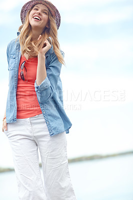 Buy stock photo Vacation, laughing and woman on pier with fashion, relax and outdoor adventure on island. Nature, lake and happy girl on travel holiday with casual style, confidence and fun weekend morning in Canada