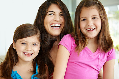 Buy stock photo Home, smile and portrait of mother with children for development, love and bonding together. Happy, daughter and woman with girl kids in house for family connection, care and relaxing on weekend