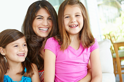 Buy stock photo Home, happy and portrait of mother with children for development, love and connection together. Woman, daughter and smile with girl kids in house for family bonding, care and relaxing on weekend