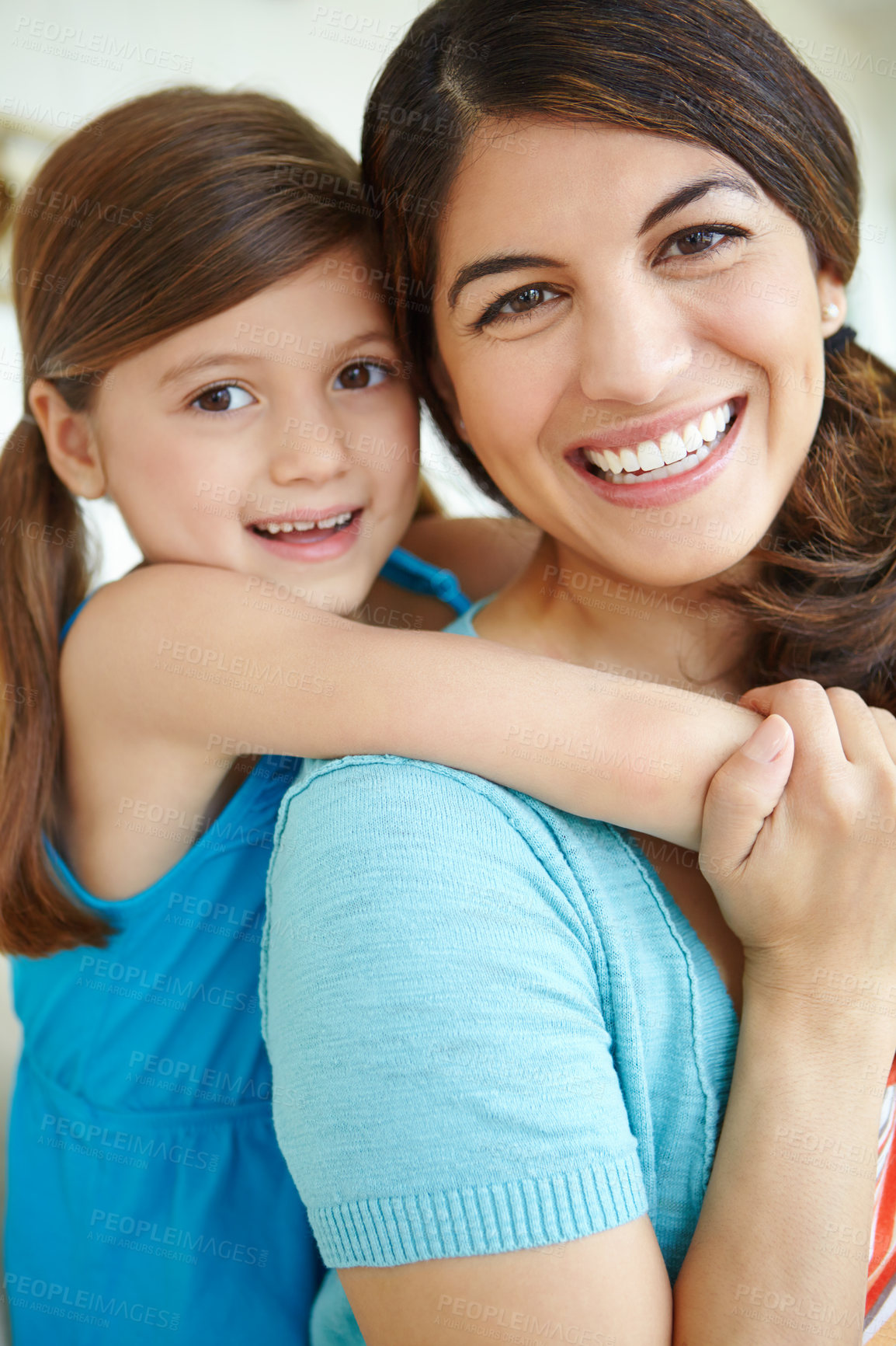 Buy stock photo Happy mother, portrait and piggyback kid in family home for love, care and bonding together. Face, mom and hug girl for support, connection and trust single parent with foster daughter in New Zealand