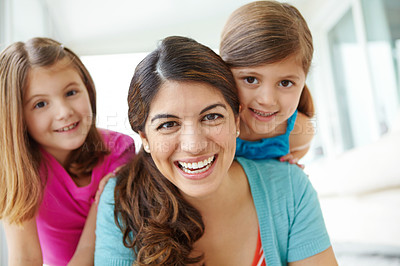 Buy stock photo Home, happy and portrait of woman with children for development, care and bonding together. Smile, daughter and mother with girl kids in house for family connection, love and relaxing on weekend