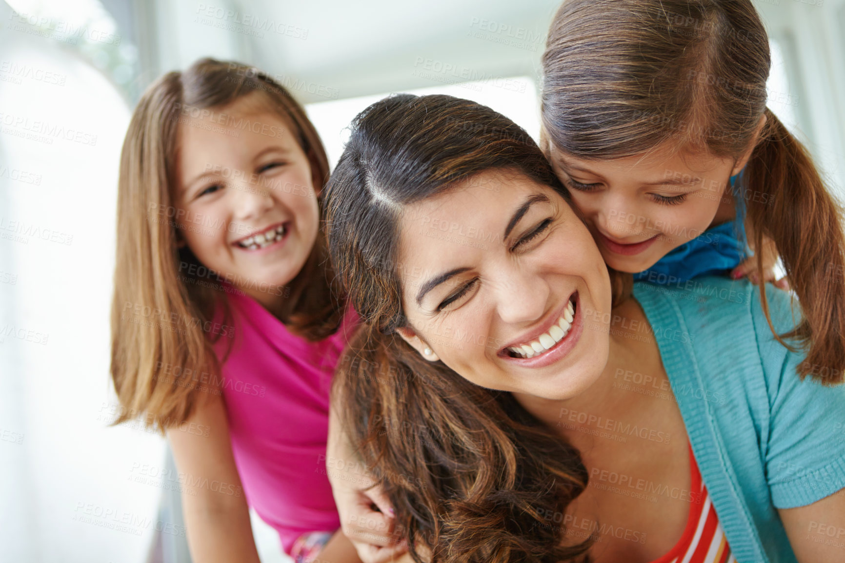 Buy stock photo Home, playful and children with smile by woman for development, connection and bonding together. Happy, daughter and mother with girl kids in house for family love, care and relaxing on weekend