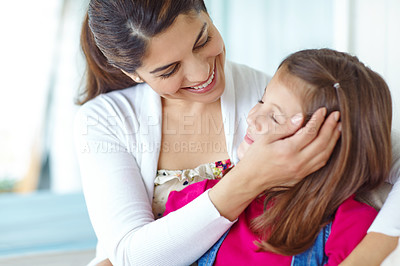 Buy stock photo Hug, mom and love for child, house and bonding with daughter, calm and comfort for girl and family. Embrace, mother and care for kid, relax and motherhood for woman, adoption and together in home