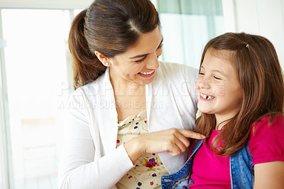 Buy stock photo Hug, mom and love for child, talking and bonding with daughter, calm and comfort for girl and family. Embrace, mother and care for kid, relax and motherhood for woman, adoption and together in home