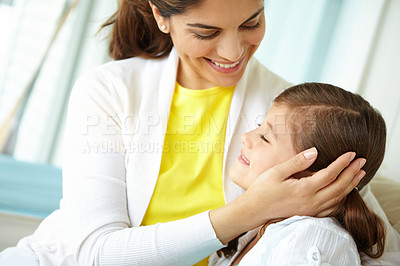 Buy stock photo Hug, mom and bonding with child, house and love for daughter, calm and comfort for girl and family. Embrace, mother and care for kid, relax and motherhood for woman, adoption and together in home