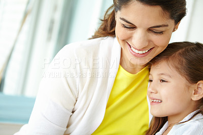 Buy stock photo Hug, mom and bonding with child, smile and happy with daughter, calm and comfort for girl and family. Embrace, mother and care for kid, relax and motherhood for woman, adoption and together in home