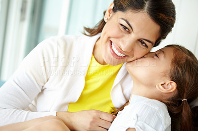 Buy stock photo Hug, mom and love for child, kiss and bonding with daughter, calm and comfort for girl and family. Embrace, mother and care for kid, relax and motherhood for woman, adoption and together in home