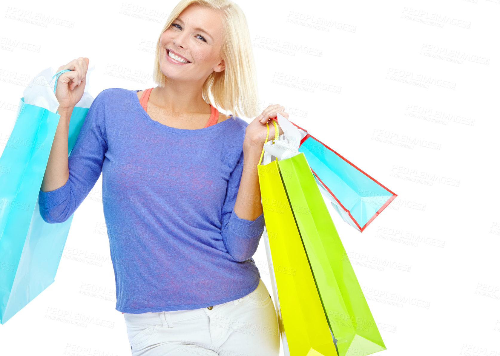 Buy stock photo Studio, smile and portrait of woman with shopping bag for retail discount, fashion and commerce. Customer, happy and female person with package for boutique gift, clothes and sale by white background