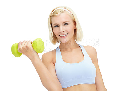 Buy stock photo Mockup, dumbbells and woman with exercise, fitness and wellness on white studio background. Portrait, athlete person and model with workout, performance and equipment for muscle training and health