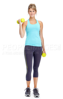 Buy stock photo Portrait, dumbbells and woman with exercise, workout and wellness on white studio background. Smile, athlete person and model with fitness, performance and equipment for muscle training and health