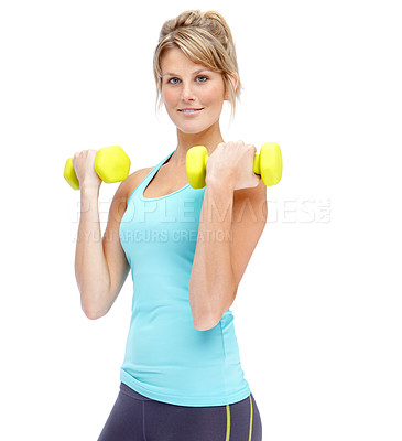 Buy stock photo Training, portrait and woman with weights in studio for muscle strength, fitness and healthy body. Confident, athlete and person with dumbbell for exercise, challenge and workout by white background