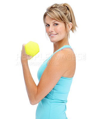 Buy stock photo Dumbbell, fitness and portrait of woman in studio isolated on white background for weight lifting. Bicep, face and smile of confident athlete person at gym for exercise, muscle training or workout