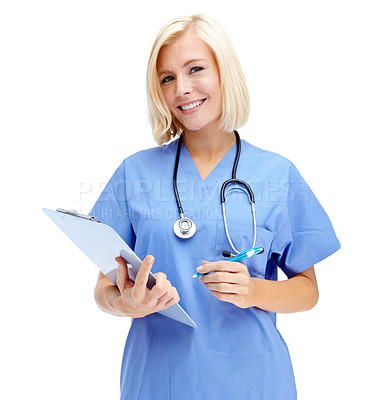 Buy stock photo Portrait, healthcare and documents with a nurse woman in studio isolated on a white background for insurance. Hospital, health and medical with a female medicine professional writing on a clipboard