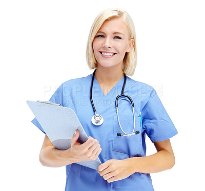 Buy stock photo Portrait, health and documents with a nurse woman in studio isolated on a white background for insurance. Hospital, healthcare and medical with a female medicine professional writing on a clipboard