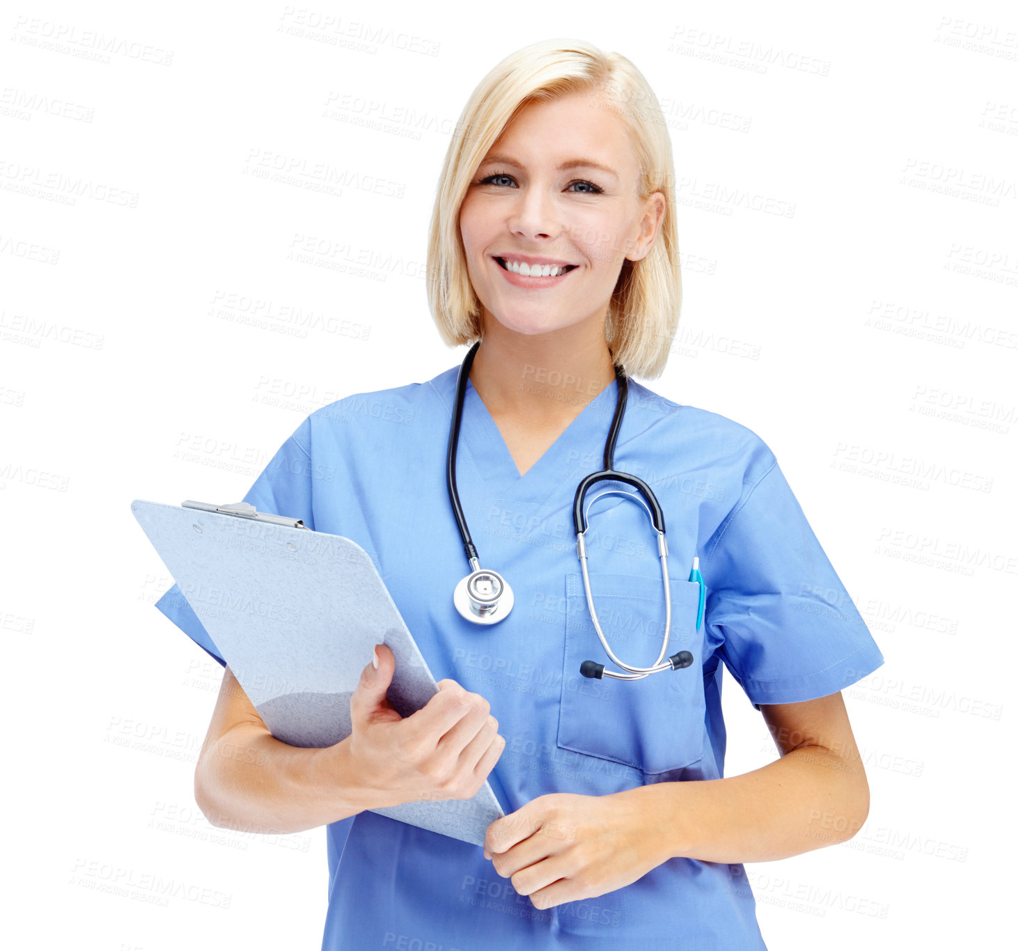 Buy stock photo Portrait, health and documents with a nurse woman in studio isolated on a white background for insurance. Hospital, healthcare and medical with a female medicine professional writing on a clipboard