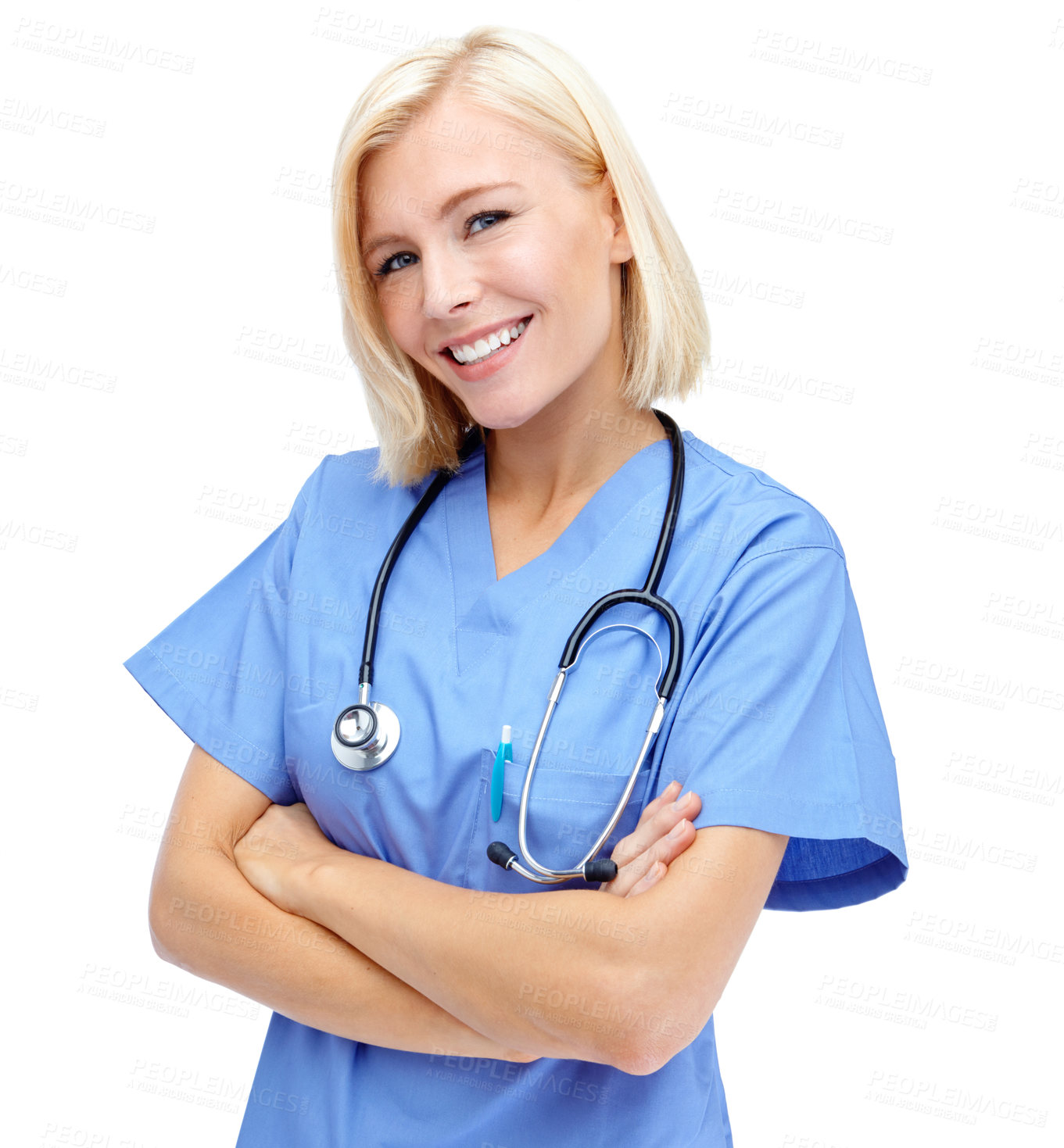 Buy stock photo Woman, doctor and smile with arms crossed and stethoscope for healthcare against a white studio background. Portrait of a isolated female medical professional standing and smiling on white background