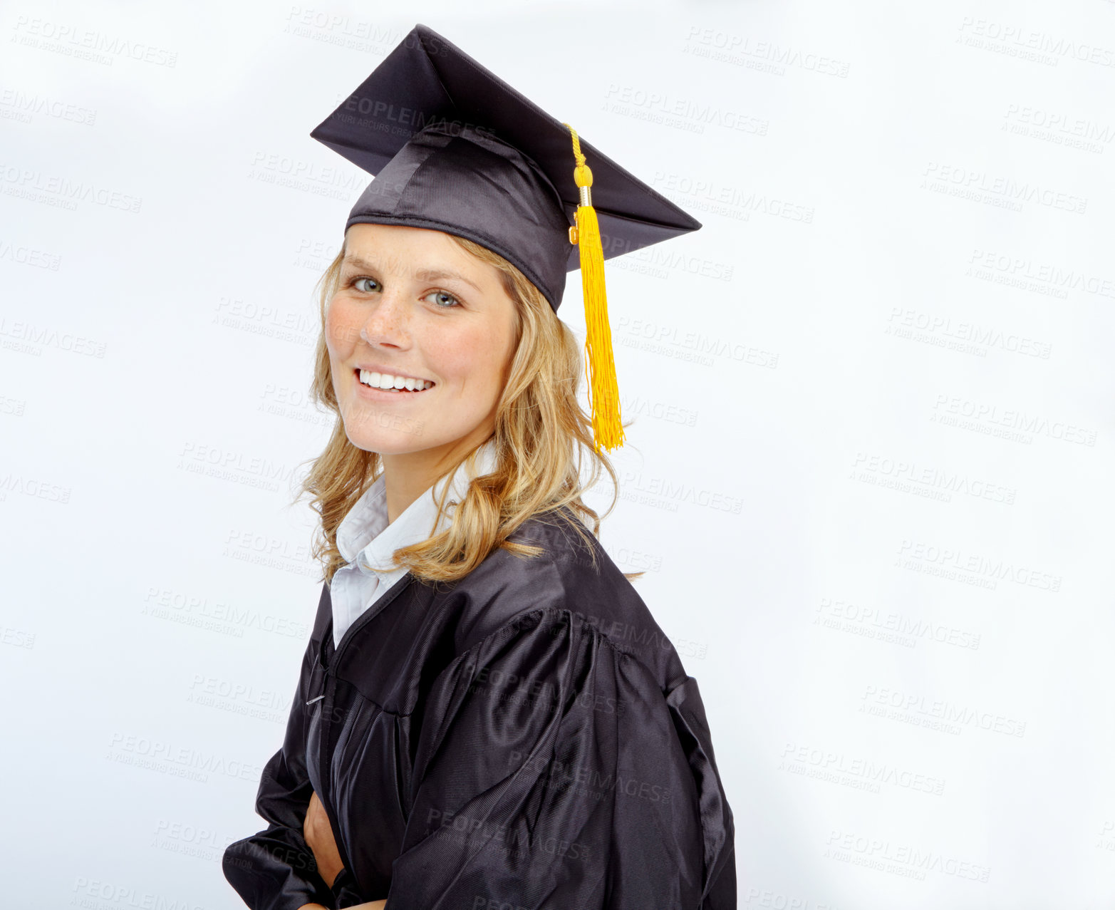 Buy stock photo Graduation, smile and portrait of woman with pride in studio for university achievement. Mockup space, education and graduate with confidence for future, goals and qualification by white background.