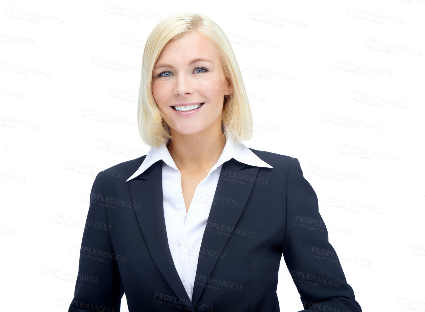 Buy stock photo Cropped portrait of a smiling suit-clad businesswoman isolated on white