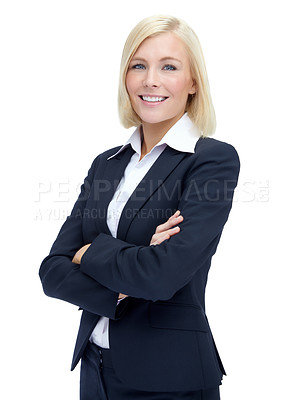 Buy stock photo Cropped portrait of a smiling suit-clad businesswoman isolated on white