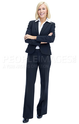 Buy stock photo Full length portrait of a smiling businesswoman standing with her arms folded