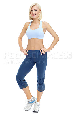 Buy stock photo Portrait, fitness and woman with smile, confident and healthy with workout, studio and strength with exercise. White background, wellness and proud of training, goals and relax in sportswear and USA