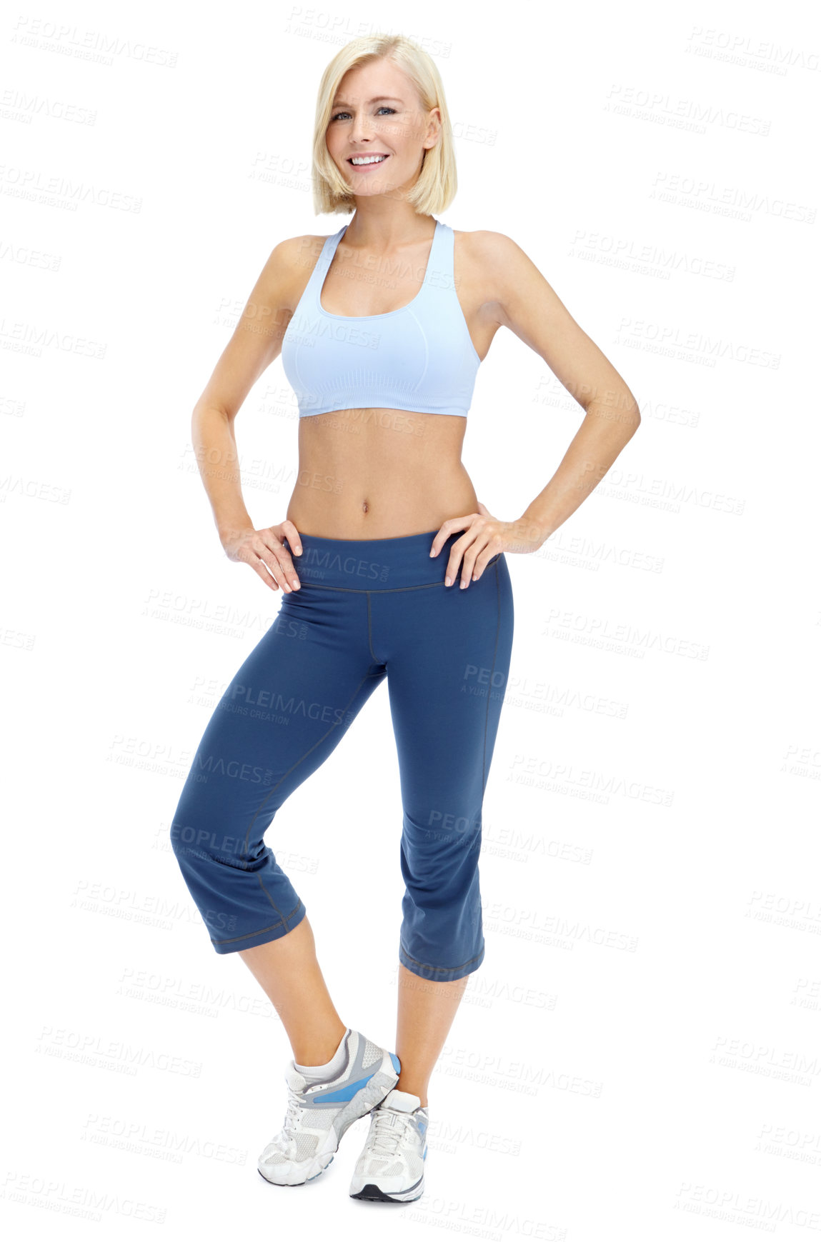 Buy stock photo Portrait, fitness and woman with smile, confident and healthy with workout, studio and strength with exercise. White background, wellness and proud of training, goals and relax in sportswear and USA